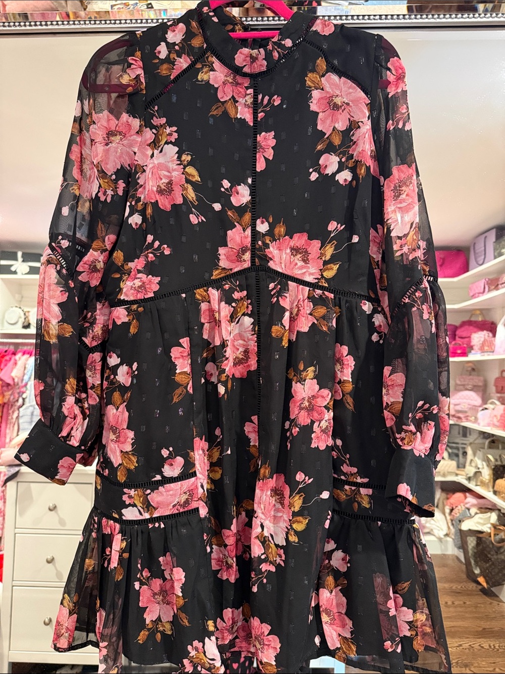 Aqua Black Floral Sheer Tiered Mini Dress with Pink Blooms